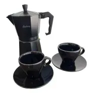 Set Cafetera Italiana + 2 Pocillos y  Plato de Porcelana