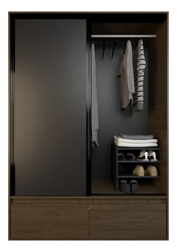 Placard-Ropero-150-Premium-2-Puertas-Corredizas-Zapatero-----Color-Nogal-Con-Negro