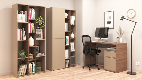 Biblioteca-Estanteria-Minimalista-2-Puertas-Organizador-Roble-Davos-Gris-Arcilla