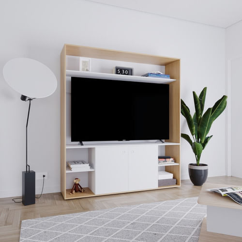 Modular-Rack-Centro-Entretenimiento-Panel-Led-Tv-Melamina----Roble-Natural-con-Blanco