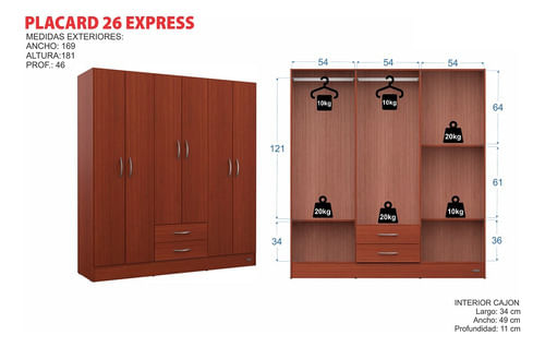 Placard-Ropero-169-Mts-6-Ptas-De-Abrir-2-Caj-Simil-Laqueado-Chocolate