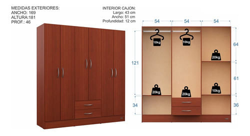 Placard-De-Abrir-169-Cm-Linea-Economica-6-Ptas-2-Cajones-----Chocolate