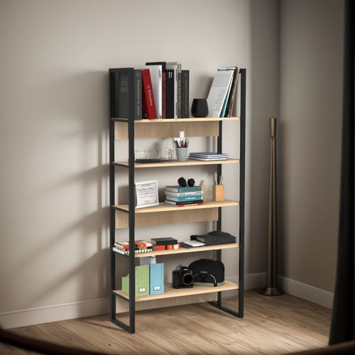 Biblioteca-Estanteria-Estilo-Industrial-Melamina---Hierro-Roble-Natural-con-Hierro-Negro