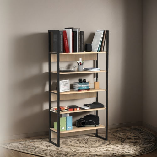 Biblioteca-Estanteria-Estilo-Industrial-Melamina---Hierro----Roble-Natural-con-Hierro-Negro