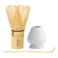 Batidor De Bambu Chasen Te Matcha + Chashaku + Base Soporte Blanco